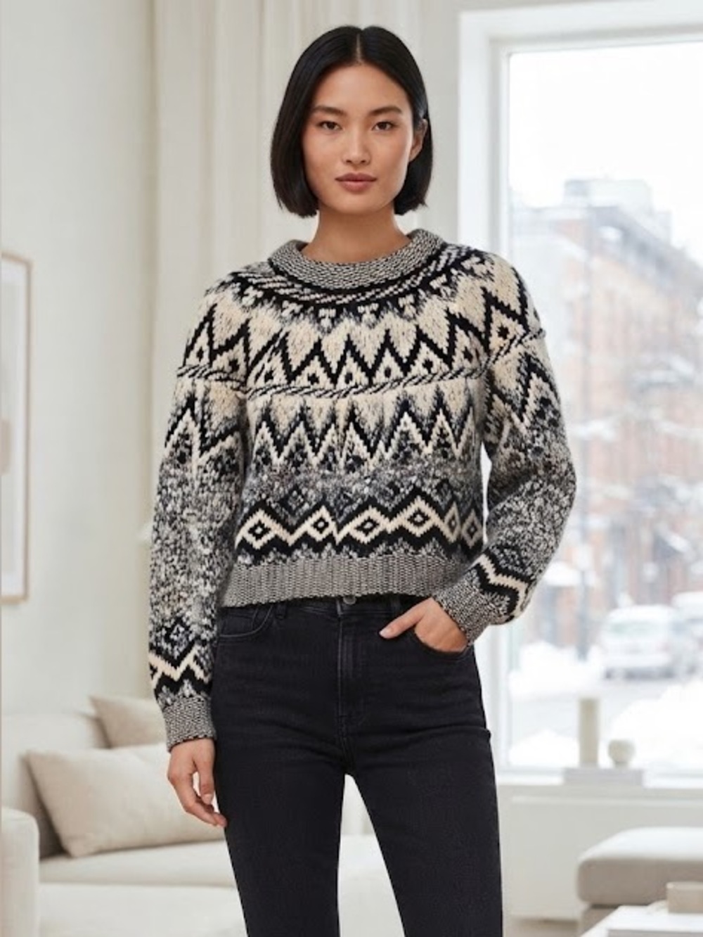 ZARA Cozy Black/White geometric pattern Fair isle Sweater with rolled crew neck